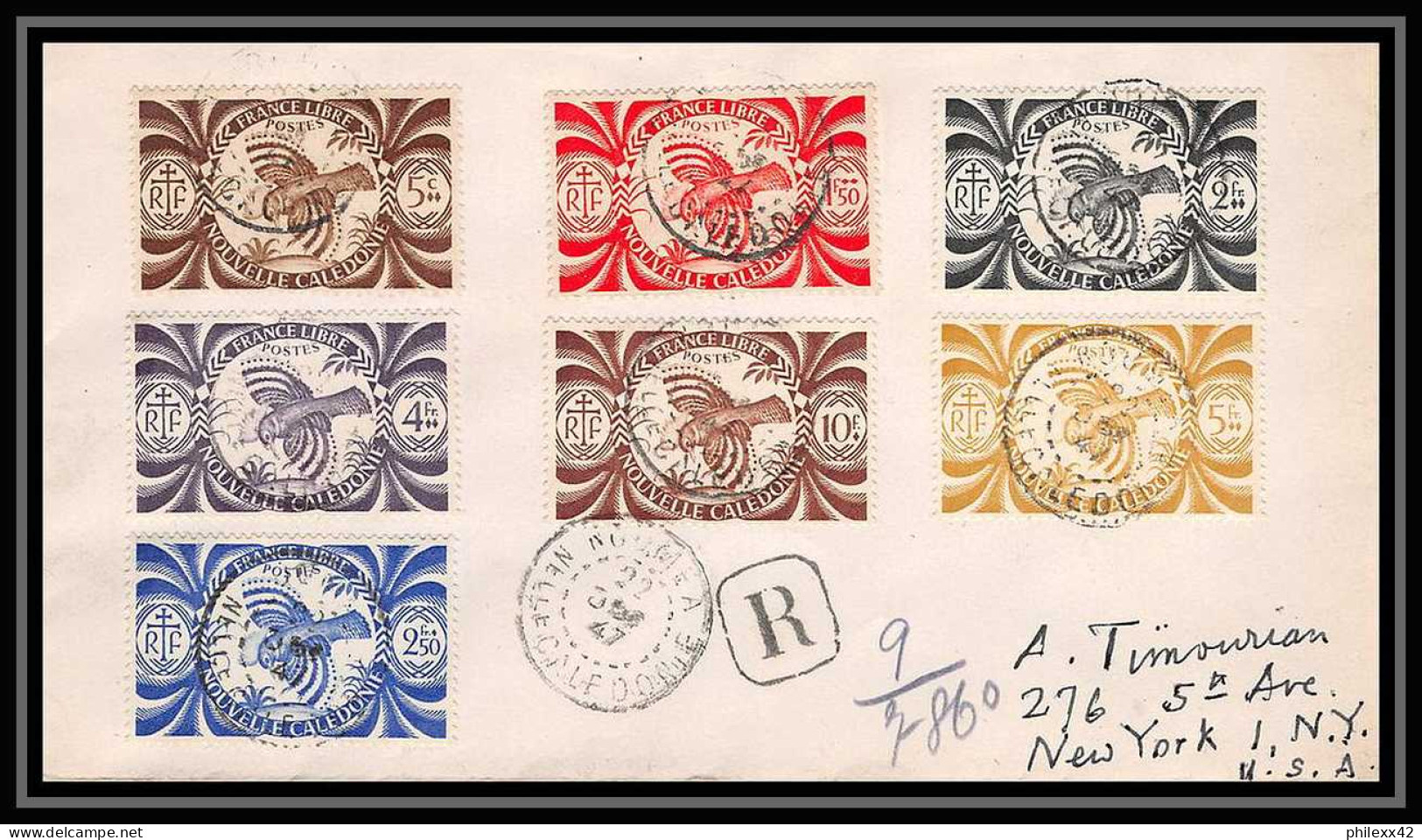 6452/ Nouvelle-Calédonie Lettre Recommandé (cover) N°230/243 France Libre 1947 Pour New York Usa - Covers & Documents