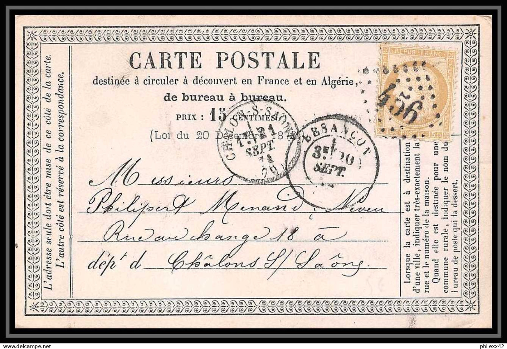 8746 LAC Entete Moise N 55 Ceres 15c GC 456 Besancon Doubs 1874 France Precurseur Carte Postale (postcard) - Precursor Cards