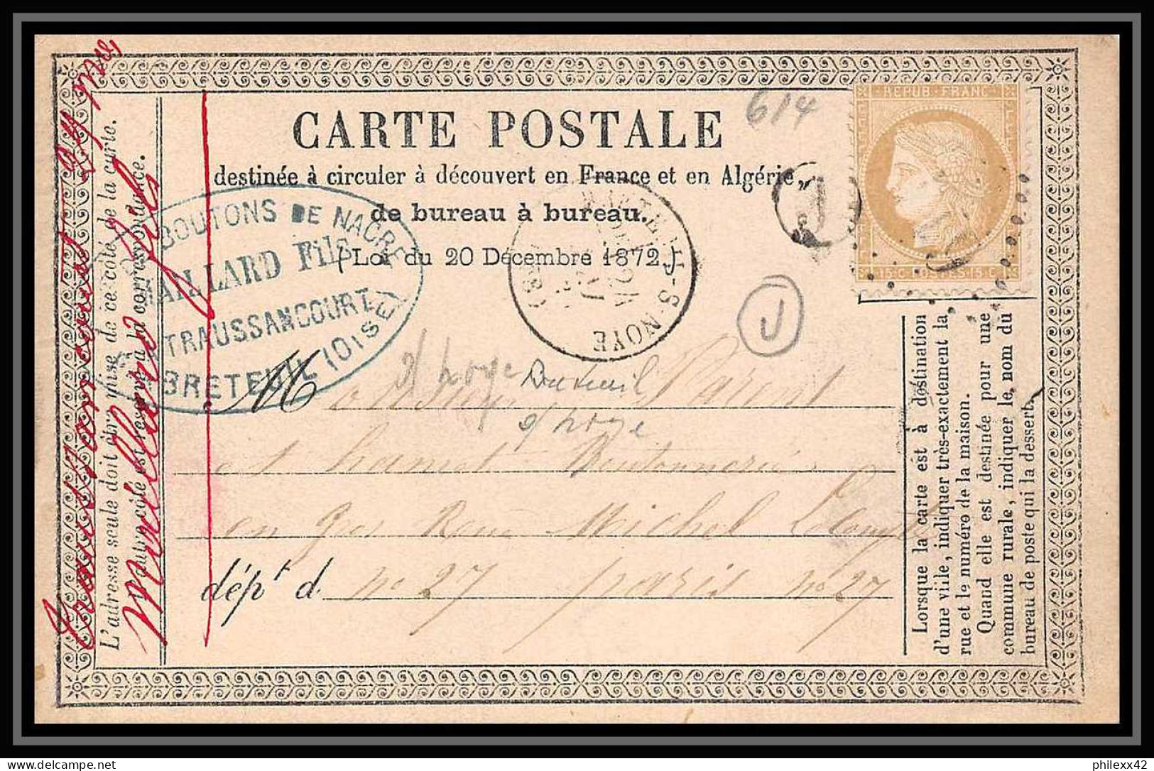 8749 LAC Boite Rurale J Troussincourt 1873 N 59 Ceres Cad Type 16 GC 614 Breteuil-sur-Noye Oise Precurseur Carte Postale - Cartes Précurseurs