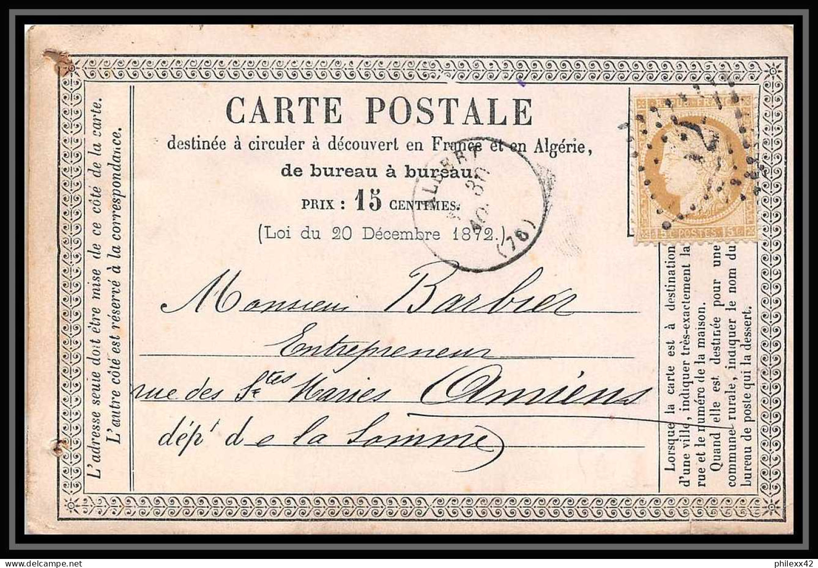 8753 LAC Etiquette Ateliers Toulet 1874 N 55 Ceres 15c GC 52 Albert Somme France Precurseur Carte Postale (postcard) - Precursor Cards