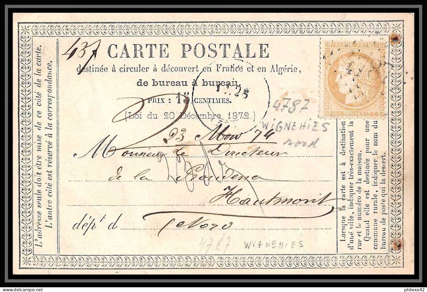 8761 LAC Entete Mairesse N 59 Ceres 15c GC 4787 Wignehies Nord 1874 France Precurseur Carte Postale (postcard) - Cartes Précurseurs