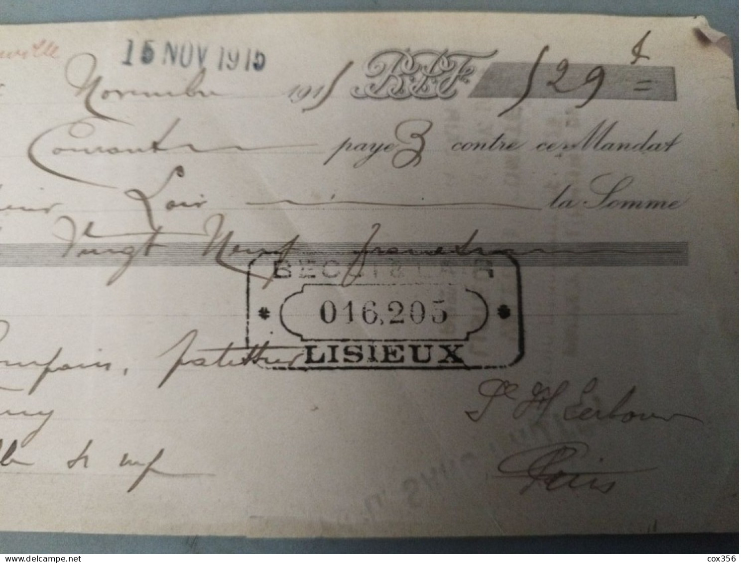 MANDAT De La Banque LAIR A LISIEUX 1915 - Bank & Versicherung