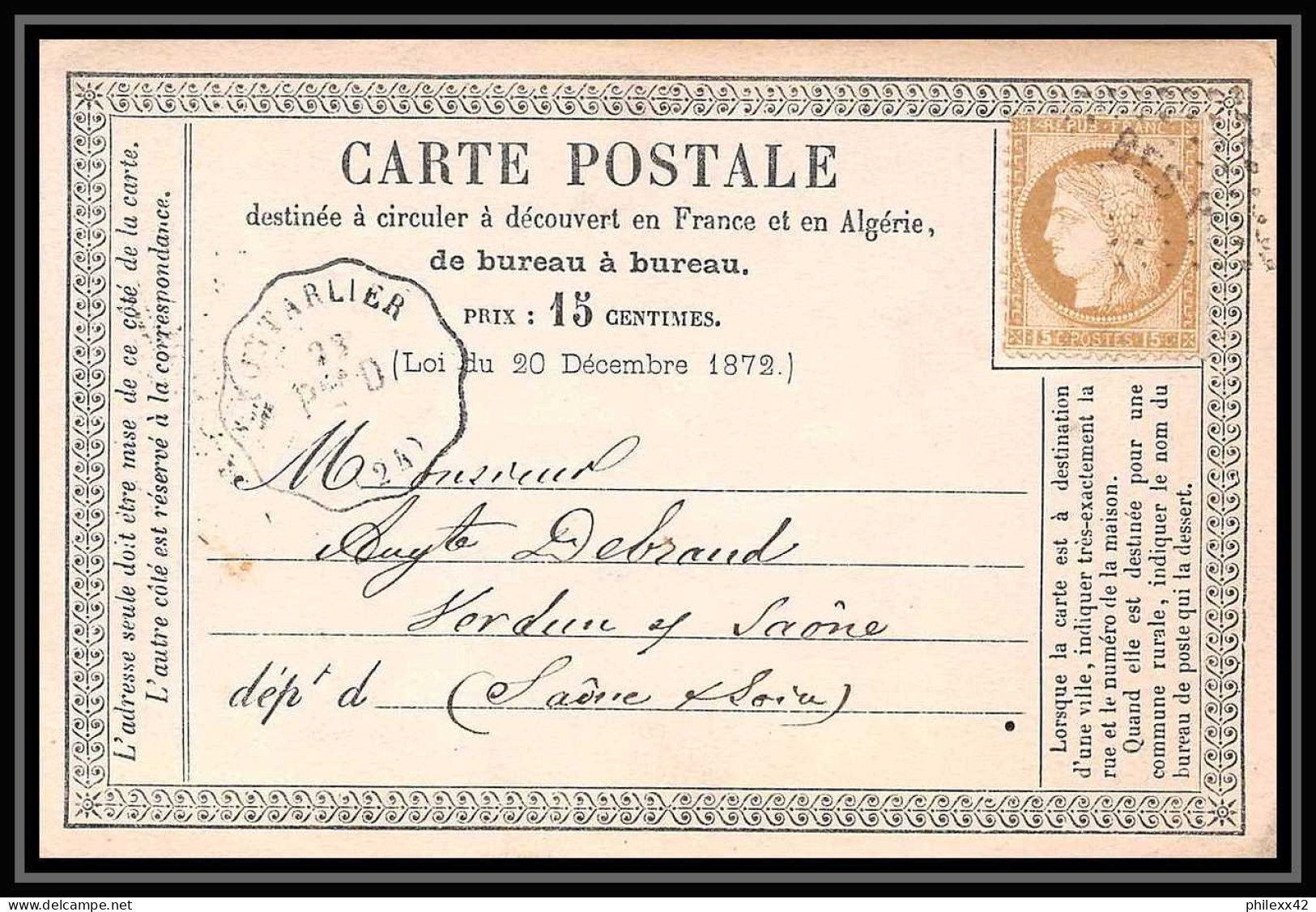 8997 LAC N 55 Ceres 15c Ambulant BES P Pontarlier Pour Verdun-sur Saone France Precurseur Carte Postale (postcard) - Vorläufer