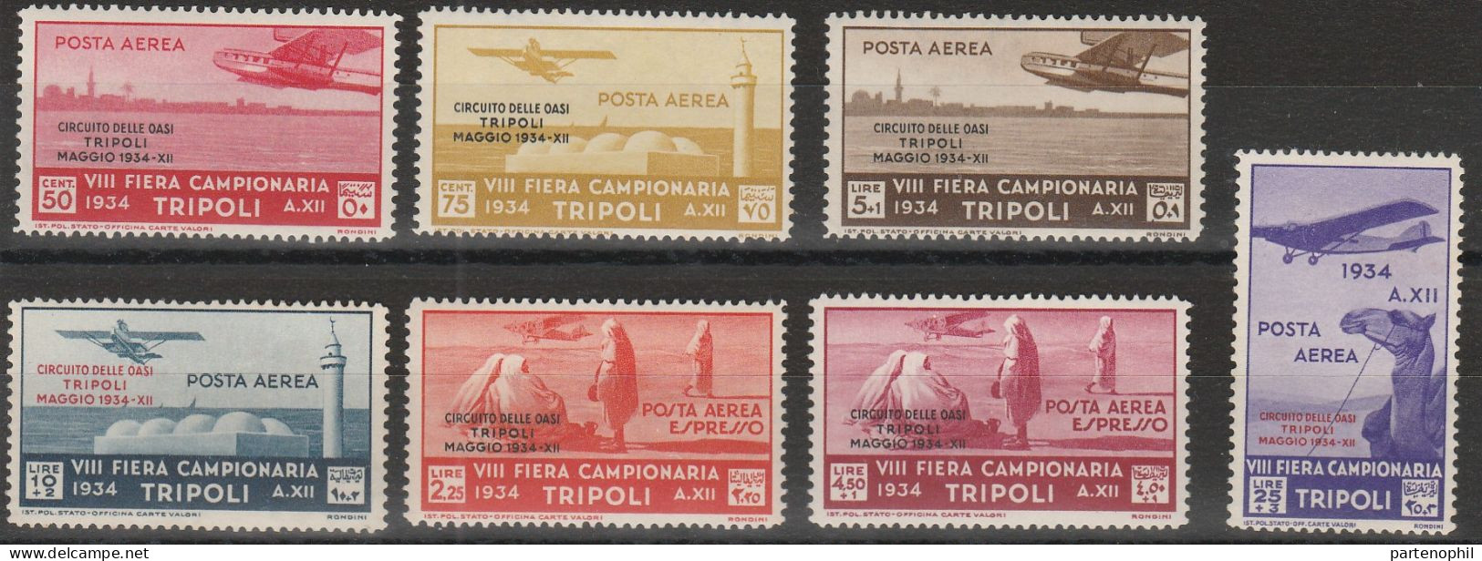 335 - Tripolitania 1934 - Posta Aerea - Circuito Delle Oasi N. 34/40. Cert. E. Diena, Oliva. Cat. € 3500,00. MNH - Tripolitania