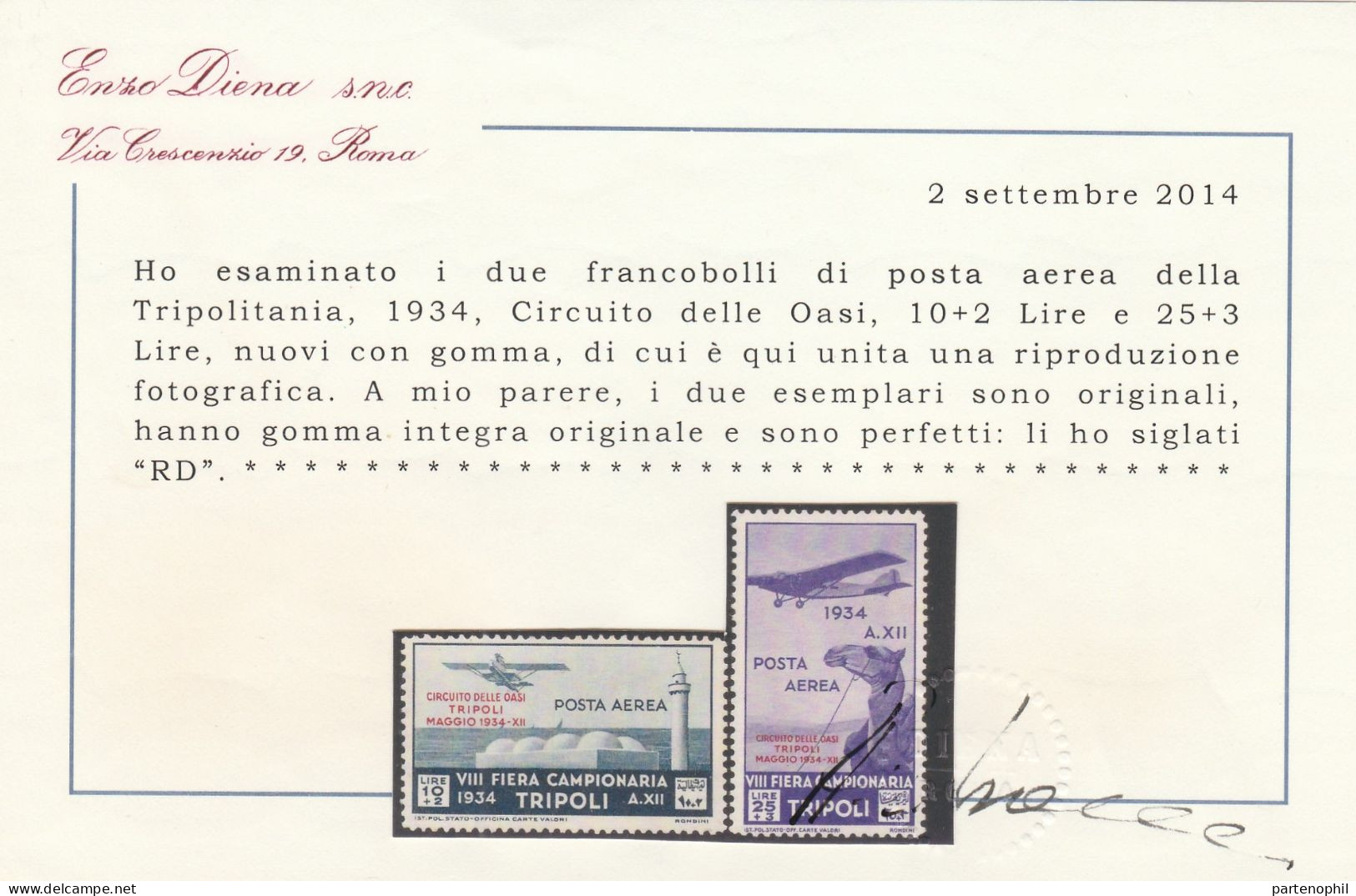 335 - Tripolitania 1934 - Posta Aerea - Circuito Delle Oasi N. 34/40. Cert. E. Diena, Oliva. Cat. € 3500,00. MNH - Tripolitania