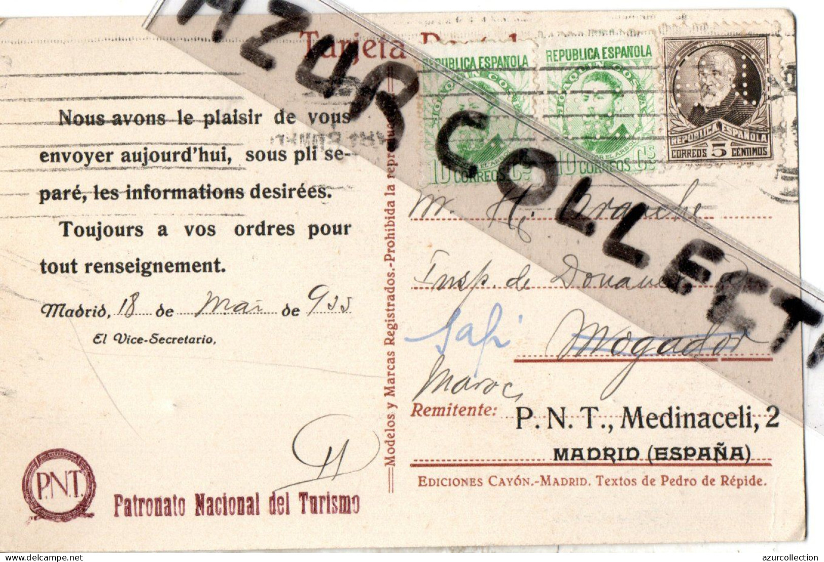1935 . TIMBRES PERFORES P .N T . POUR MOGADOR MAROC - Autres & Non Classés