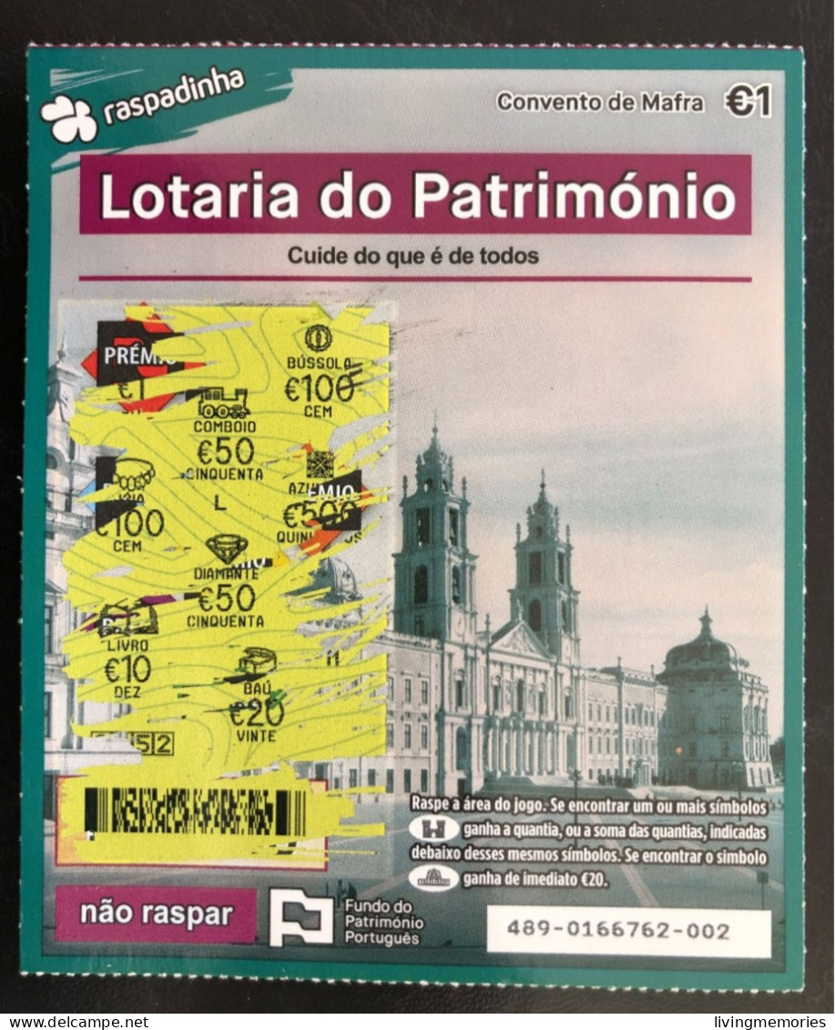 116 J, Lottery Tickets, Portugal, « Raspadinha », « Instant Lottery », « Lotaria Do Património », « HERITAGE »,  Nº 489 - Biglietti Della Lotteria