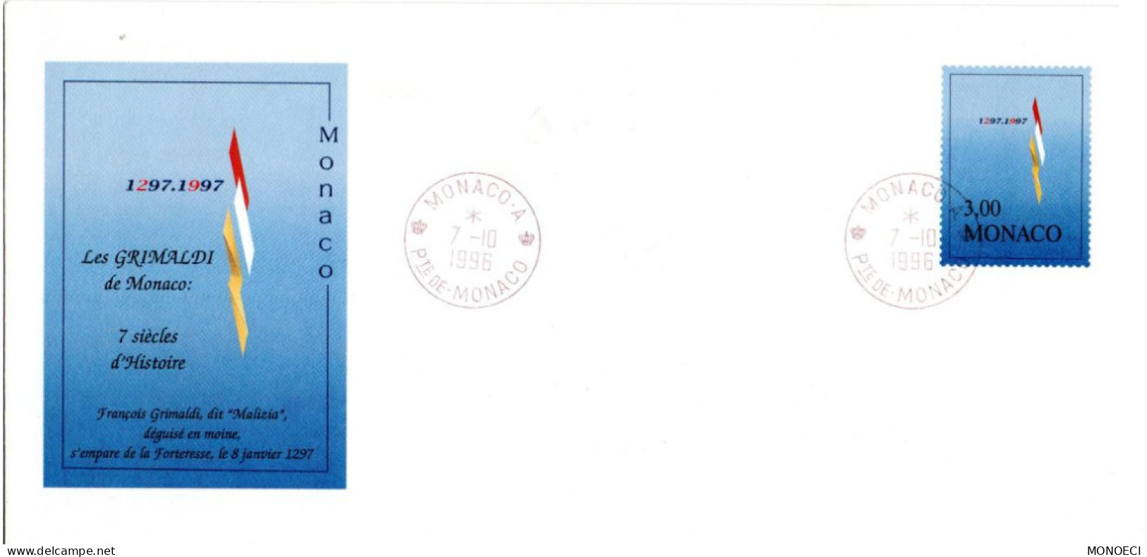 MONACO -- MONTE CARLO -- Entier Postal -- Enveloppe -- 700ème Anniversaire De La Dynastie Des Grimaldi - Càd 7.10.1996 - Interi Postali