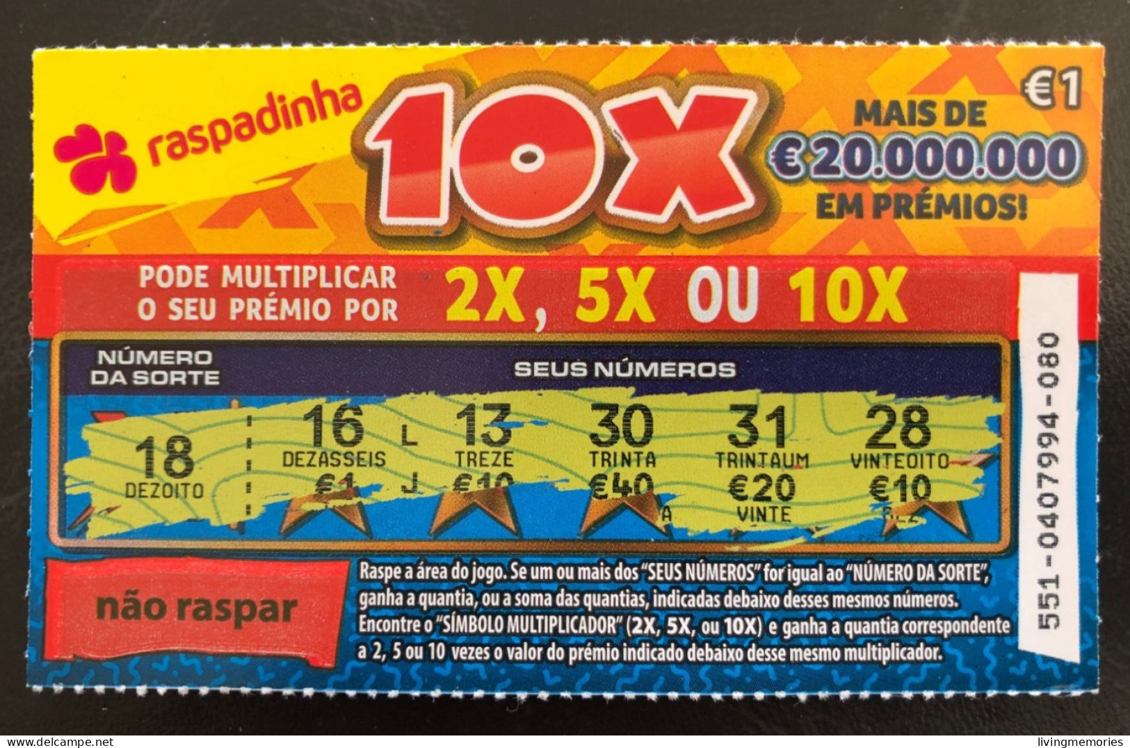 114 J, Lottery Tickets, Portugal, « Raspadinha », « Instant Lottery », « 10 X Mais De € 20.000.000 Em Prémios » # 551 - Biglietti Della Lotteria
