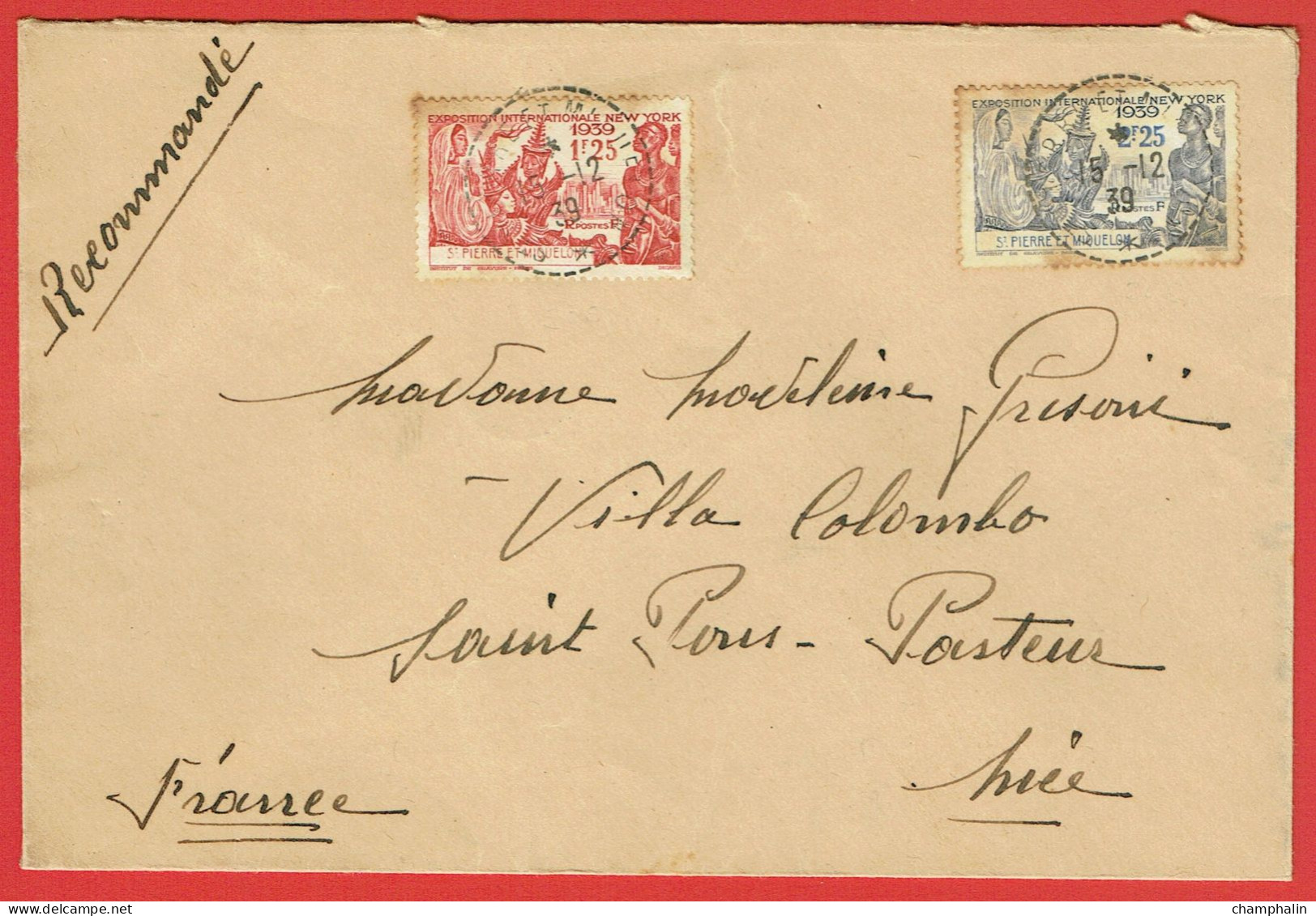 ESC De Saint-Pierre Et Miquelon (975) Pour Nice (06) - CAD 15 Décembre 1939 - Timbres YT 189 & 190 - Recommandé - Lettres & Documents