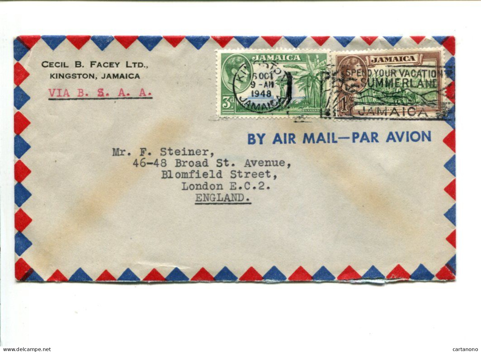 JAMAIQUE George VI - Affranchissement Sur Lettre Par Avion Pour L'Angleterre - Jamaïque (...-1961)