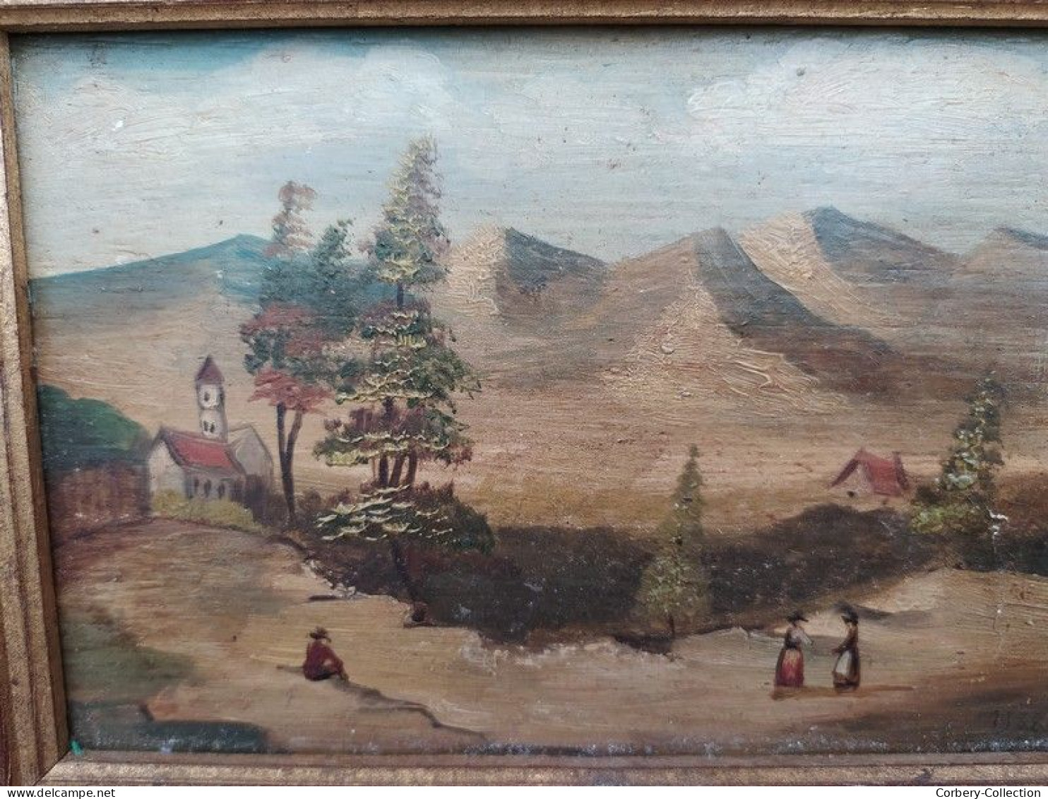 Ancien Petit Tableau Peint Sur Bois XIXème Montagne - Olieverf