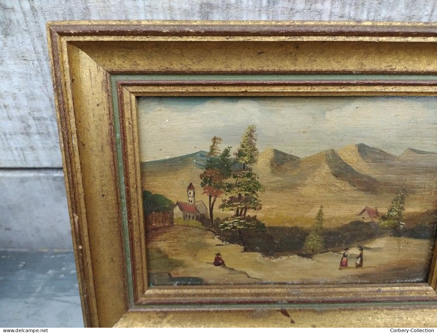 Ancien Petit Tableau Peint sur Bois XIXème Montagne