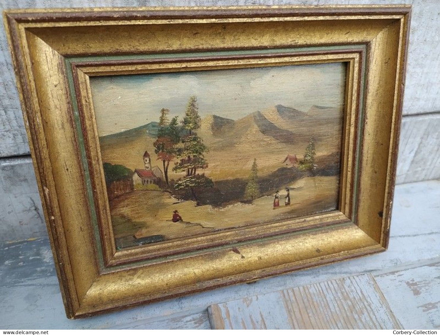 Ancien Petit Tableau Peint sur Bois XIXème Montagne