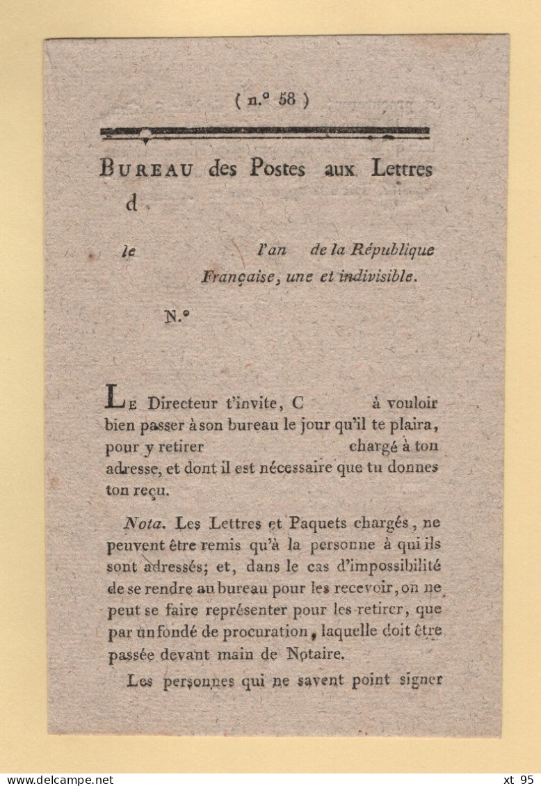 Petit Formulaire Neuf - Retrait De Lettre Ou Paquet Charge - Bureau Des Postes Aux Lettres - 1701-1800: Precursores XVIII