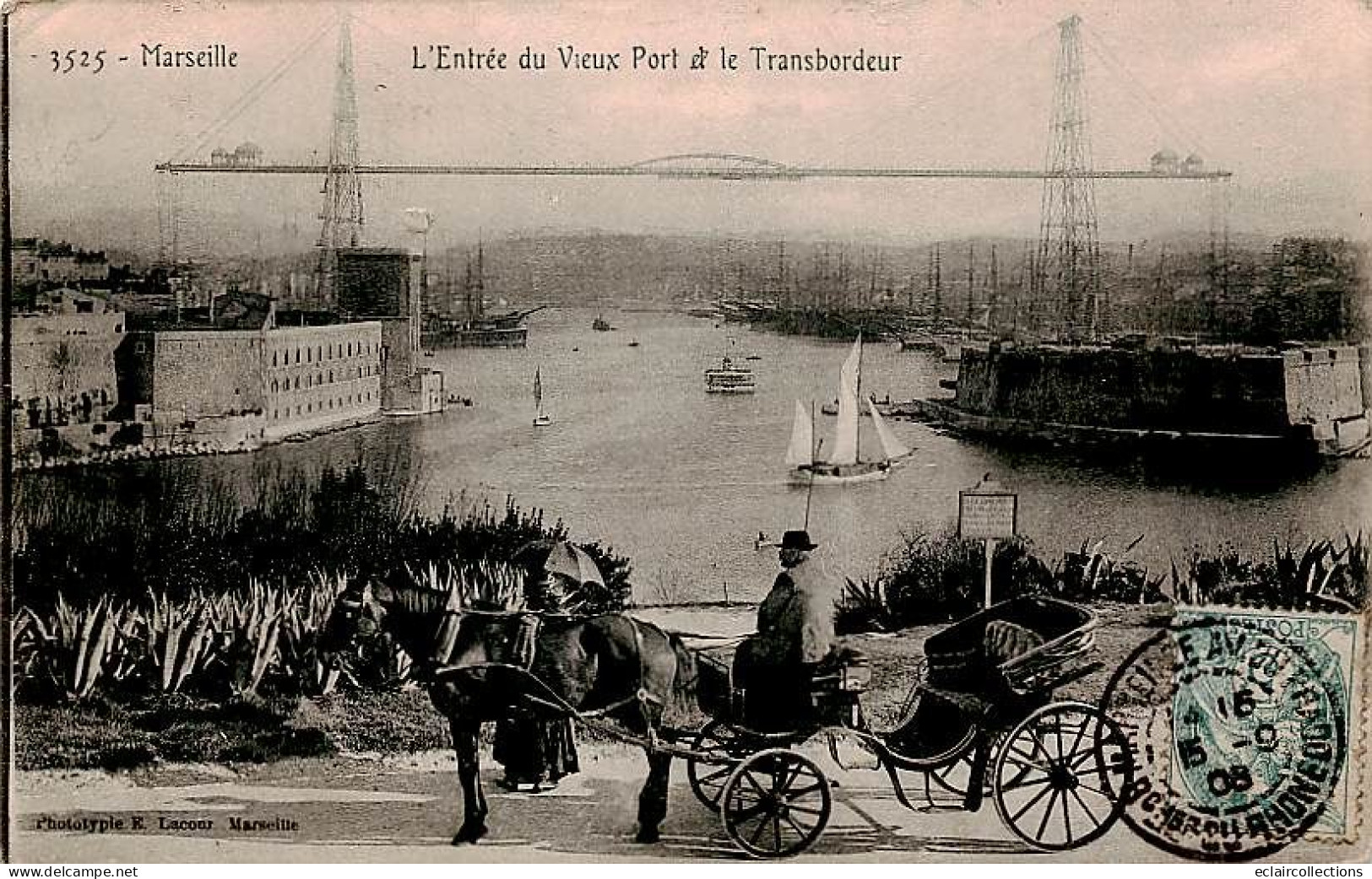 Marseille       13   Entrée Du Vieux Port Et Pont Transporteur  . Calèche   N° 3525 .   (voir Scan) - Vieux Port, Saint Victor, Le Panier