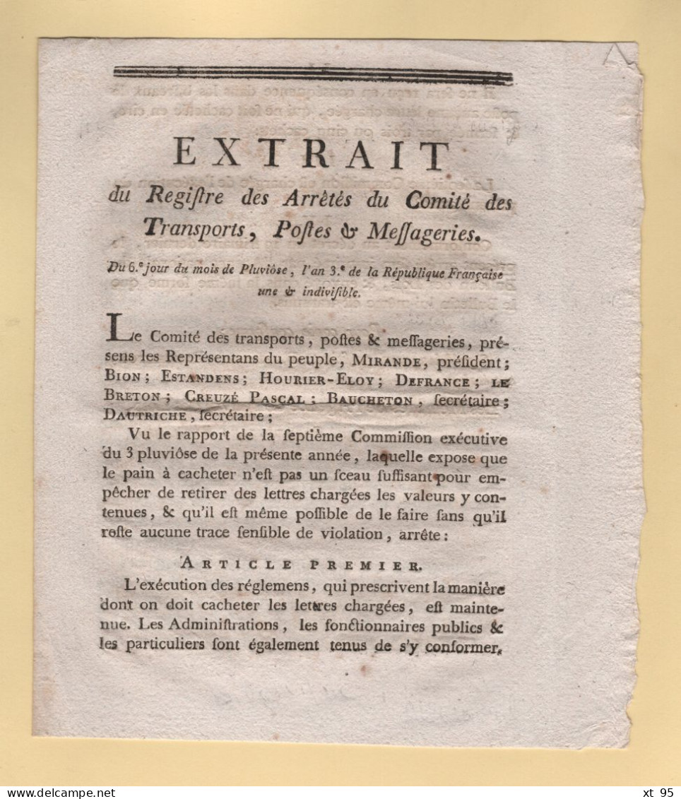 Extrait Registre Comite Des Transports - Postes Et Messageries - An 3 - Lettres Chargees Cachet Cire - Colmar - Bilingue - 1701-1800: Précurseurs XVIII
