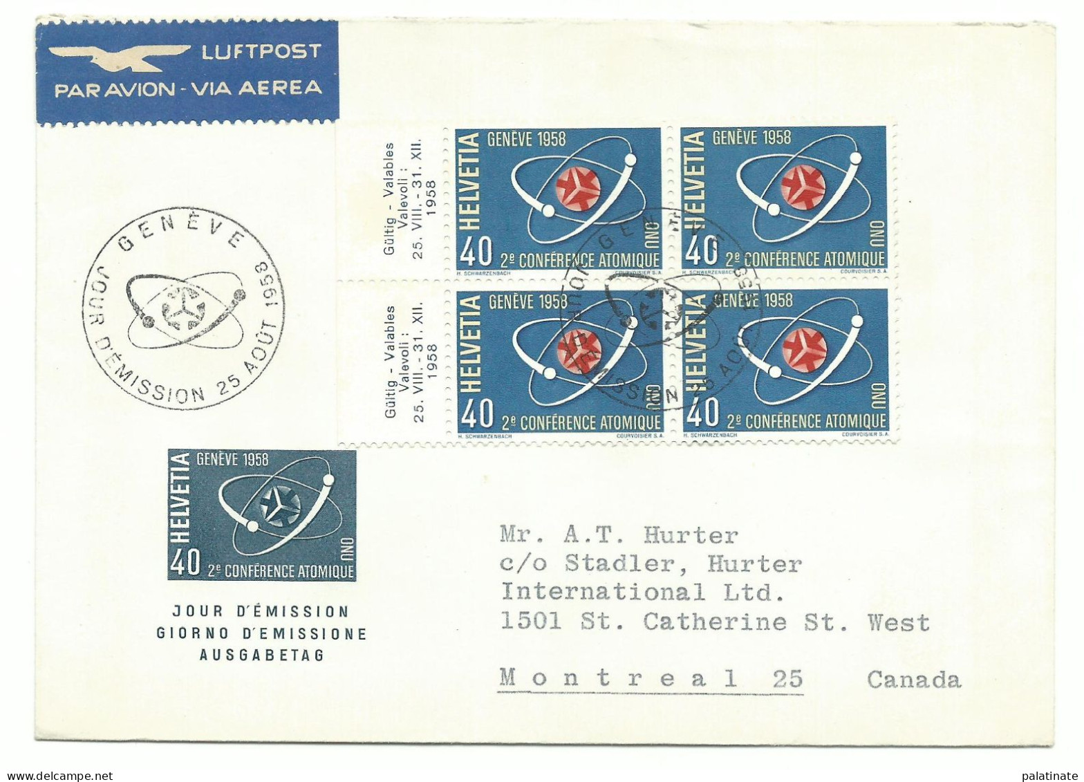 Schweiz Mi-Nr.662 Viererblock Atomkonferenz FDC 1958 - FDC