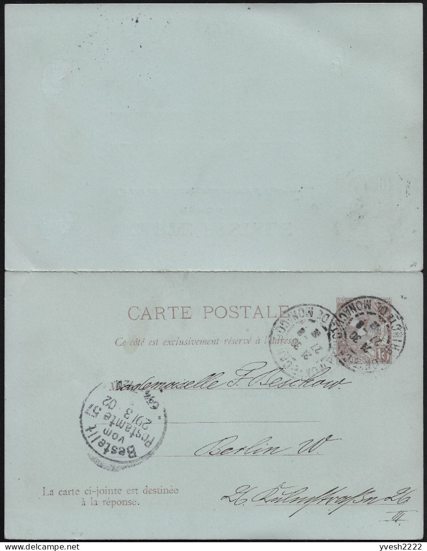 Monaco 1902. Entier Postal, Carte Avec Réponse Payée. Correspondance Amicale Non Philatélique Pour Berlin. Réponse Neuve - Enteros  Postales