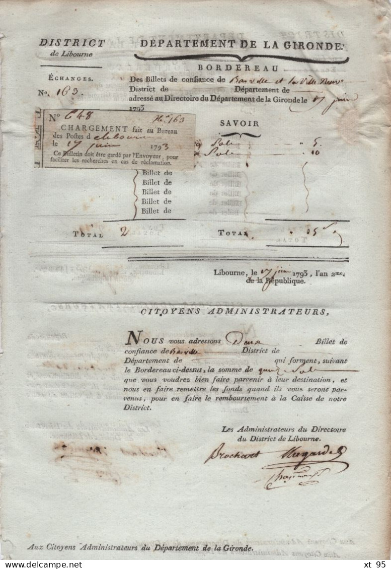 Bordereau D Echange De Billets De Confiance - Departement De La Gironde - 1793 - Recto Verso - Rare - 1701-1800: Precursori XVIII