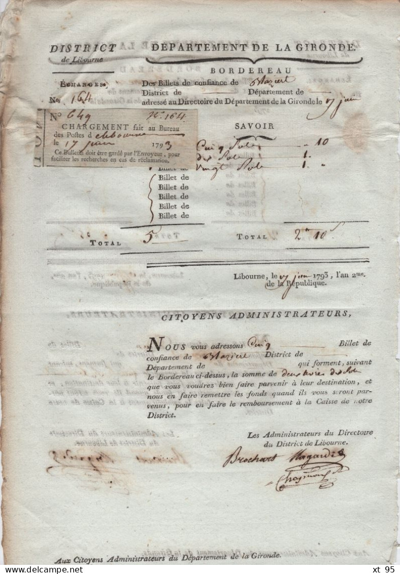 Bordereau D Echange De Billets De Confiance - Departement De La Gironde - 1793 - Recto Verso - Rare - 1701-1800: Vorläufer XVIII