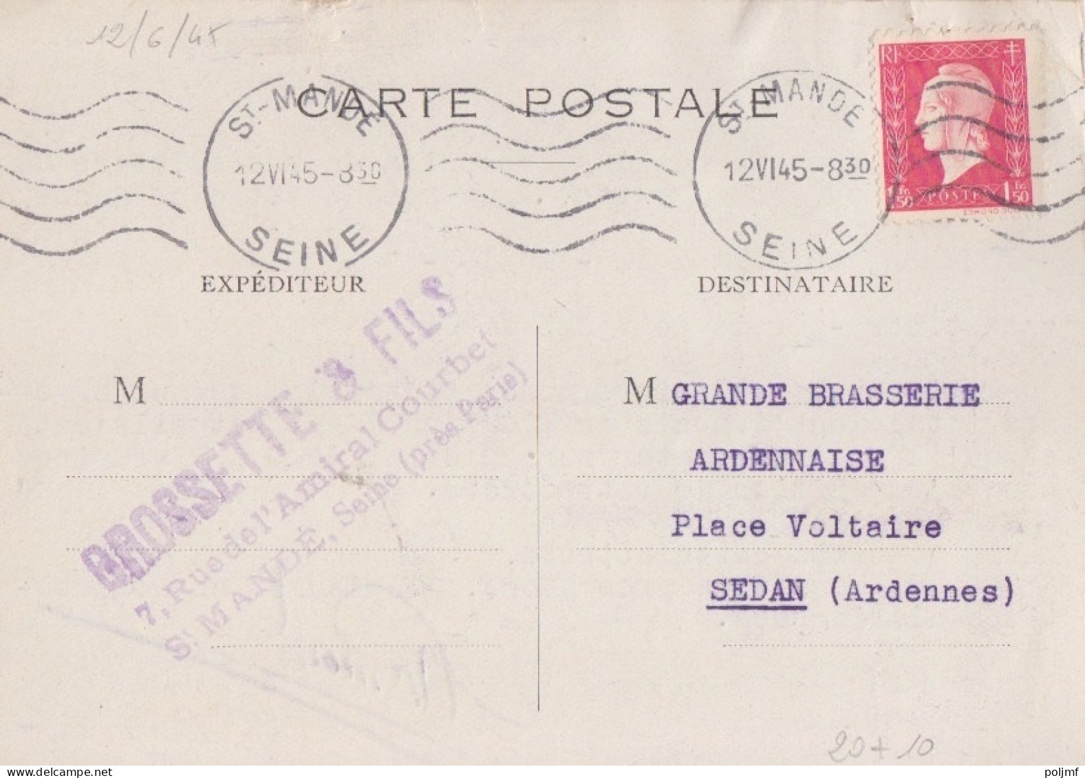 CP (Brossette Et Fils) Obl. Krag St Mandé Le 12 VI 45 Sur 1f50 Dulac Rose N° 691 (Tarif Du 1/3/45) - 1944-45 Marianne Of Dulac