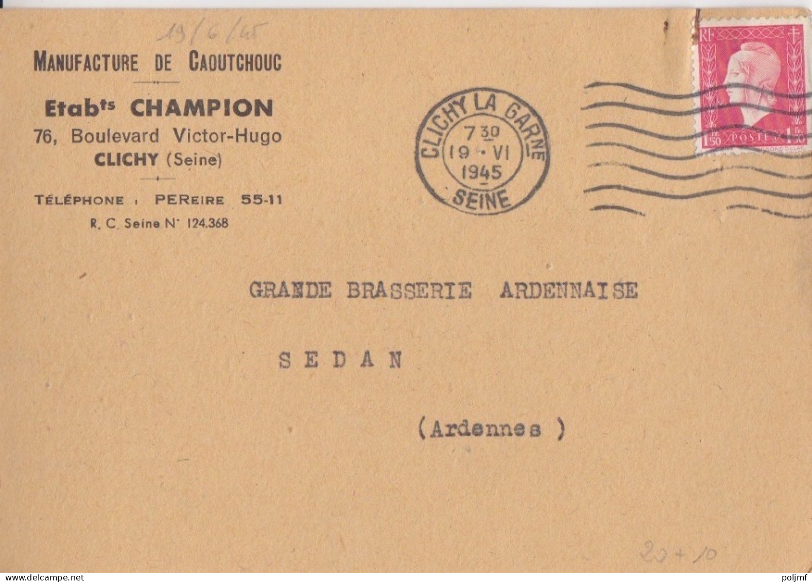CP (Manufacture De Caoutchouc) Obl. Flier Clichy Gare Le 19 VI 45 Sur 1f50 Dulac Rose N° 691 (Tarif Du 1/3/45) - 1944-45 Marianne Van Dulac