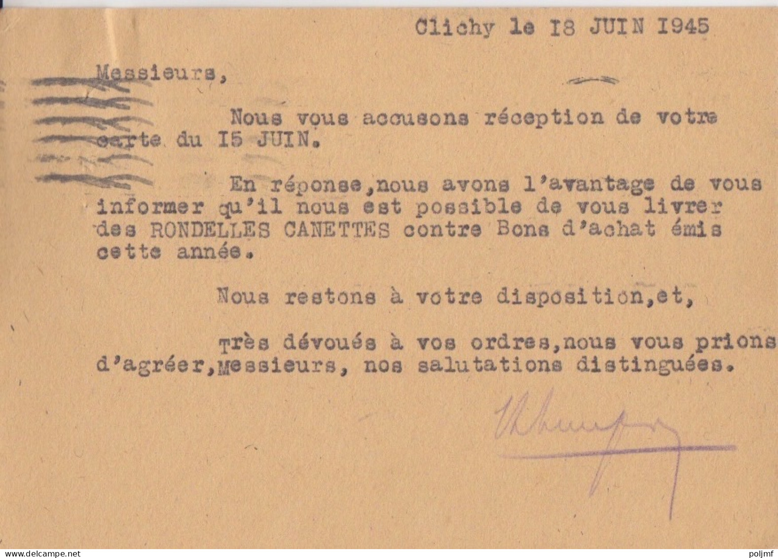 CP (Manufacture De Caoutchouc) Obl. Flier Clichy Gare Le 19 VI 45 Sur 1f50 Dulac Rose N° 691 (Tarif Du 1/3/45) - 1944-45 Marianne (Dulac)