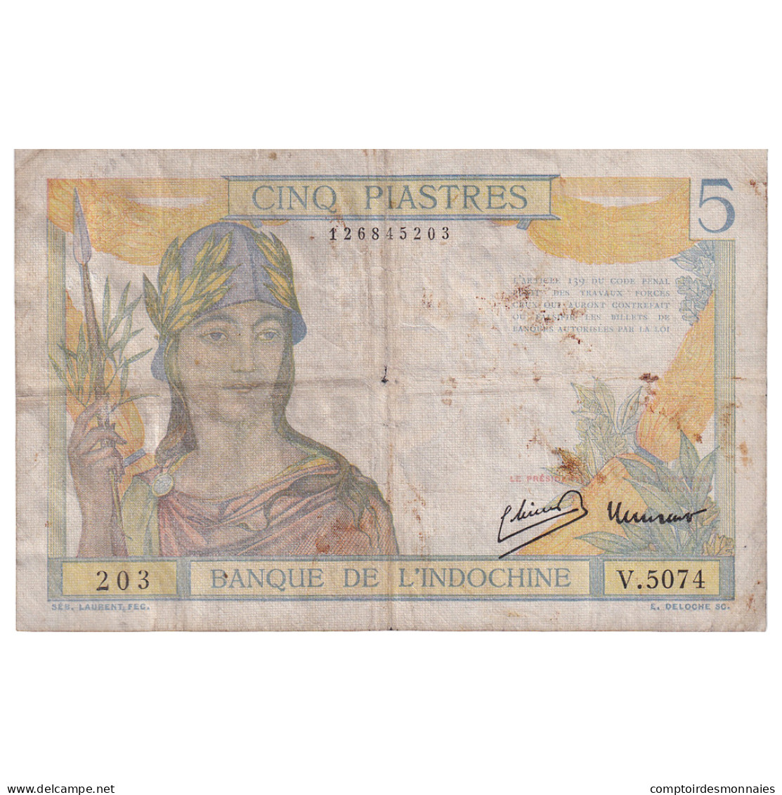 Indochine Française, 5 Piastres, Undated (1949), KM:55d, B - Indochina