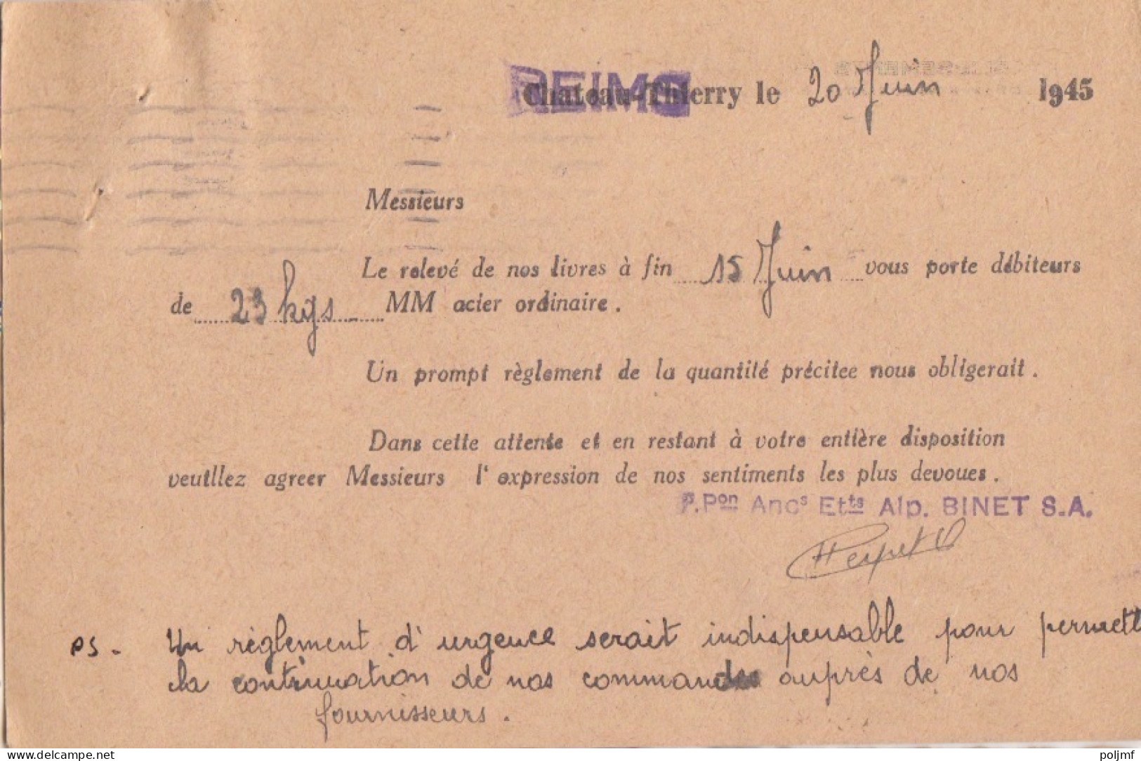 CP (Ets A. Binet) Obl. Flier Reims Principal Le 21 VI 45 Sur 1f50 Dulac Rose N° 691 (Tarif Du 1/3/45) - 1944-45 Marianne Of Dulac