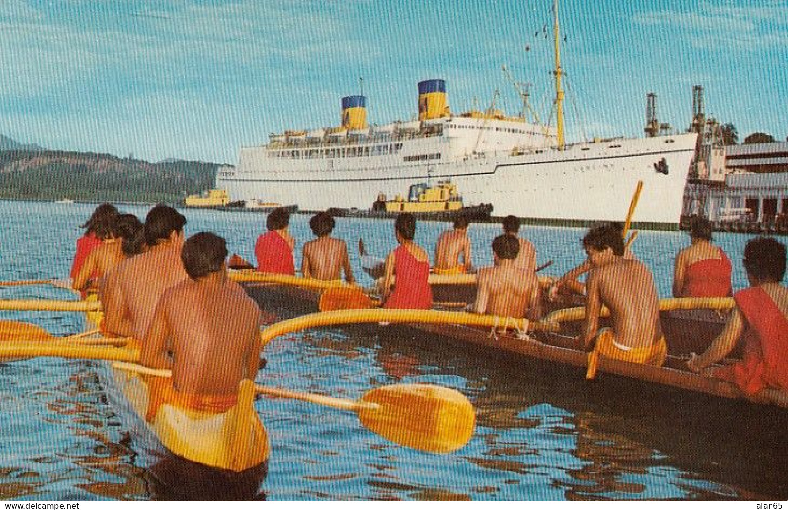 Nawiliwili Kauai, Hawaii, SS Lurline Cruise Ship, Matson Line, Natives In Out-rigger Canoe, C1950s Vintage Postcard - Kauai