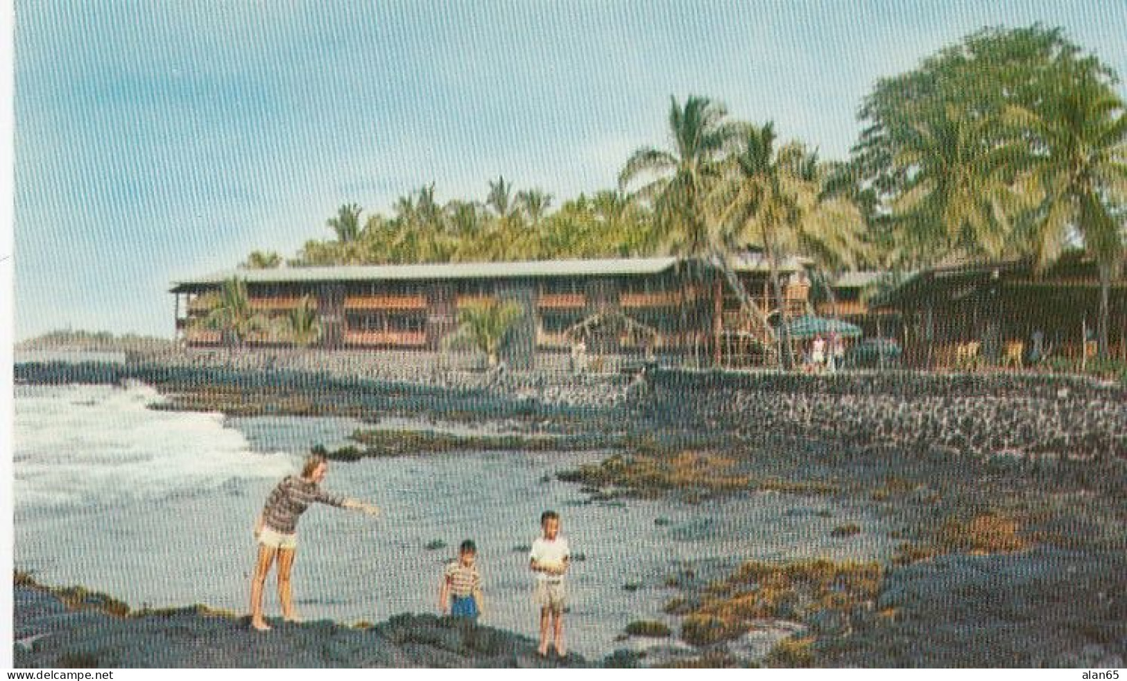 Kona Hawaii, Waiaka Lodge Resort, View Of Family On Rocky Beach, C1950s/60s Vintage Postcard - Big Island Of Hawaii