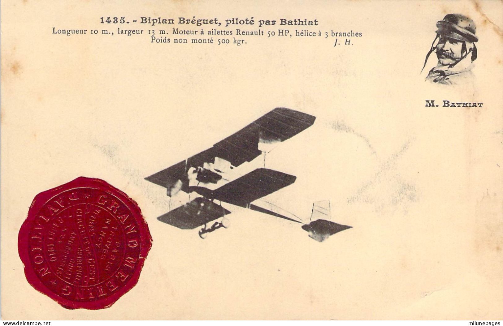 Vignette Type Cachet De Cire Du Grand Meeting D'Aviation Du Circuit De L'Est 1910 Sur Carte Biplan Bréguet De Bathiat - Aviazione