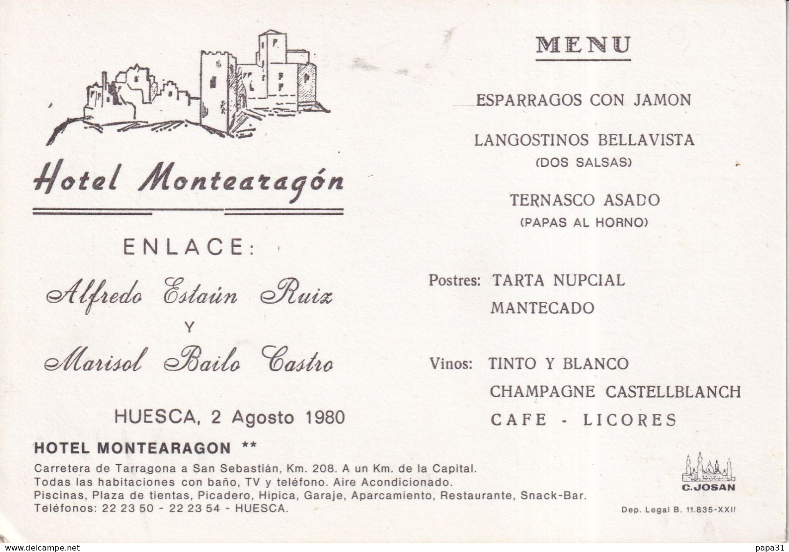 HUESCA - Hotel Montearagon  -Enlace :  Alfredo Estain RQuiz   Y  Marisol Bailo Castro  -   Menu - Huesca