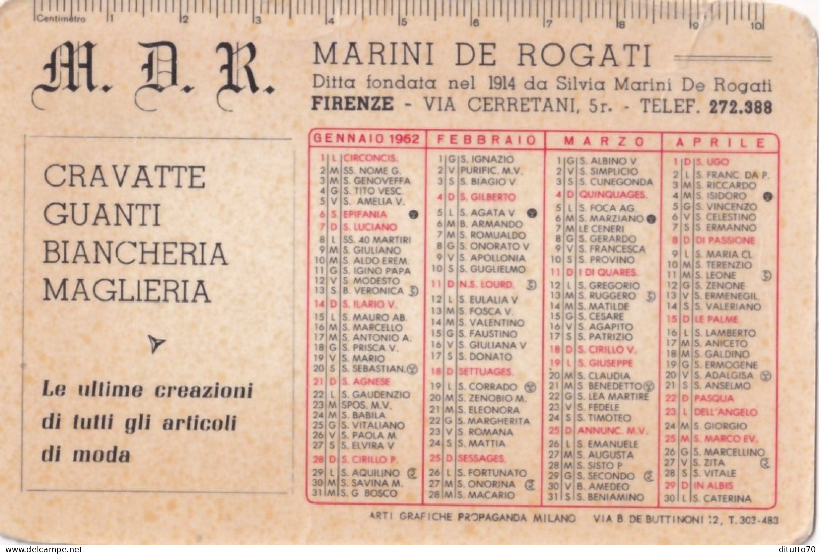 Calendarietto - Cravatte - Guanti - Marini De Rogati - Firenze - Anno 1962 - Kleinformat : 1961-70