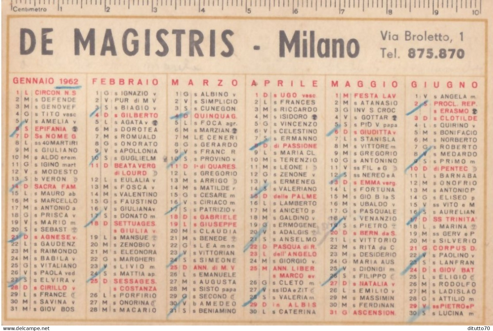 Calendarietto - De Magistris - Milano - Anno 1962 - Formato Piccolo : 1961-70