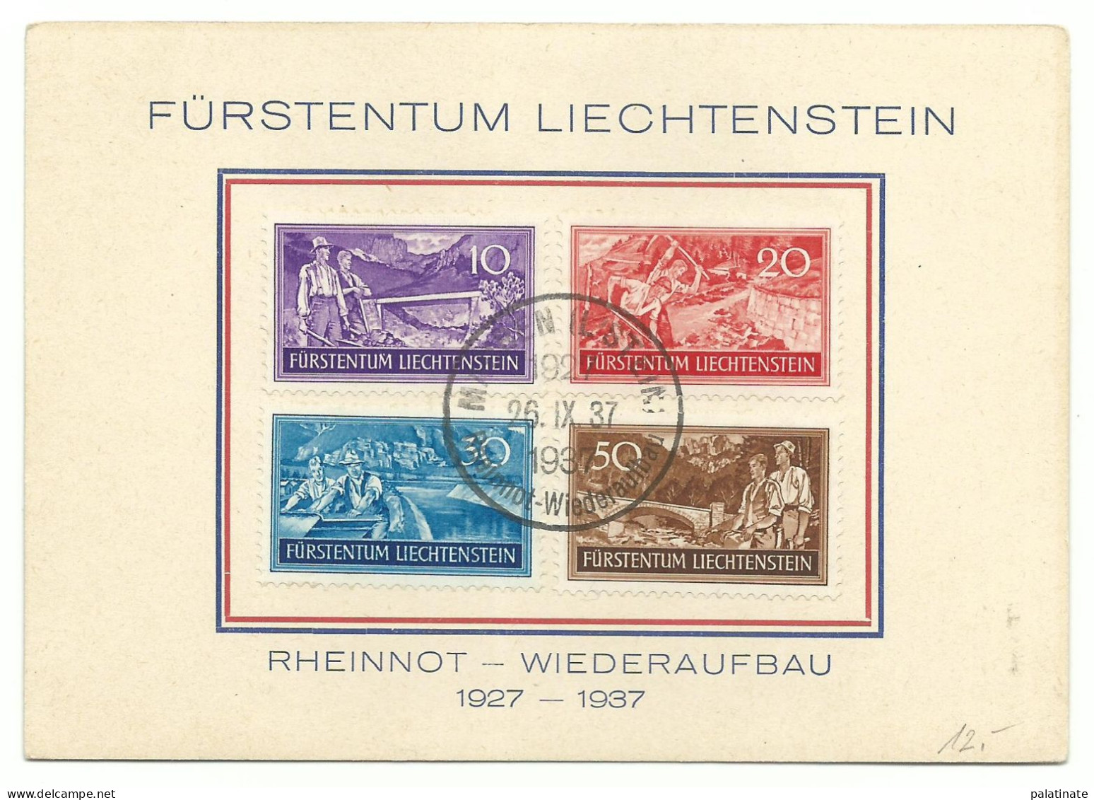 Liechtenstein Mi-Nr.152-55 Arbeitsbeschaffung 1937 Sonderkarte "Rheinnot-Wiederaufbau" - Cartas & Documentos