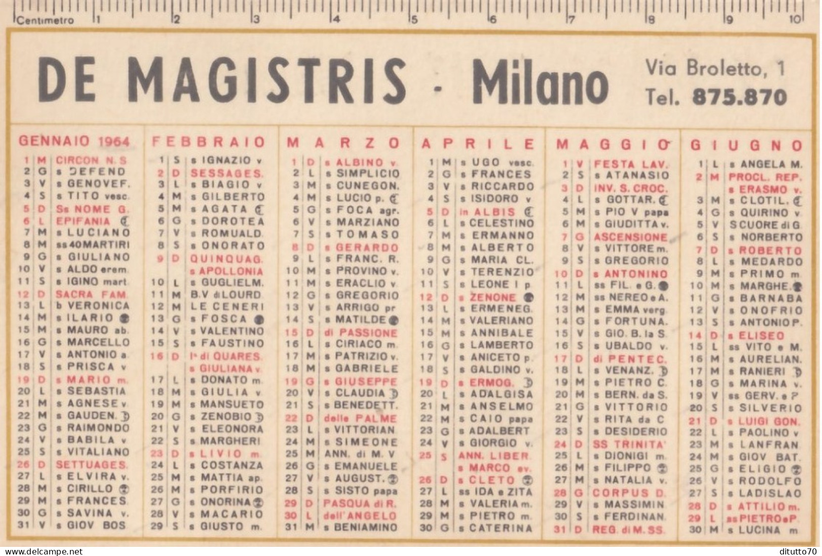 Calendarietto - De Magistris - Milano - Anno 1964 - Petit Format : 1961-70