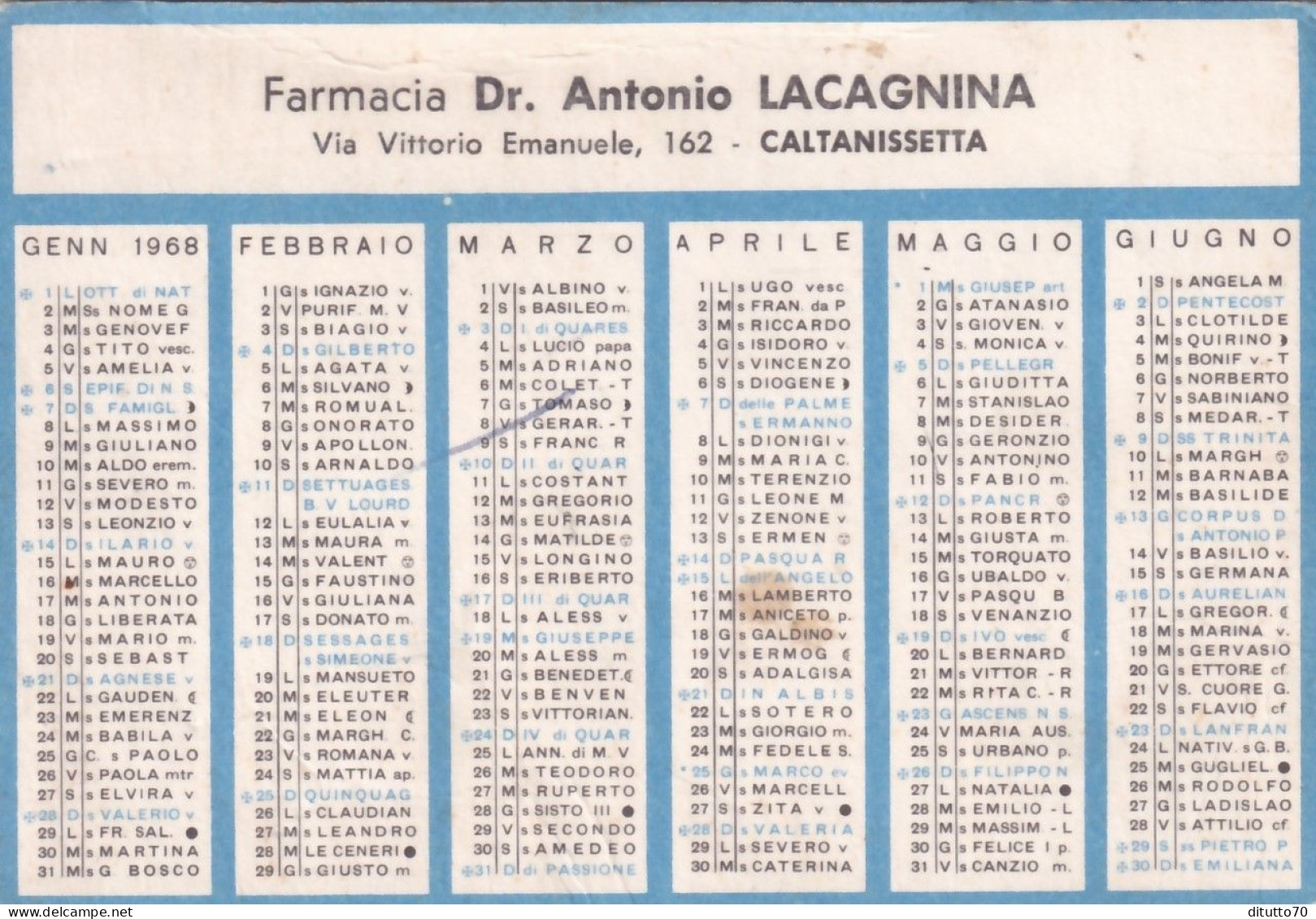 Calendarietto - Farmacia Dr.antonio Lacagnina - Caltanissetta - Anno 1968 - Small : 1961-70