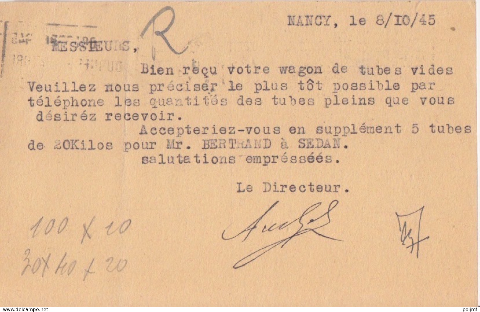 CP (Les Carboniques Liquides) Obl. RBV Nancy RP Le 8 Oct 45 Sur 1f50 Dulac Rose N° 691 (Tarif Du 1/3/45) - 1944-45 Marianne Van Dulac