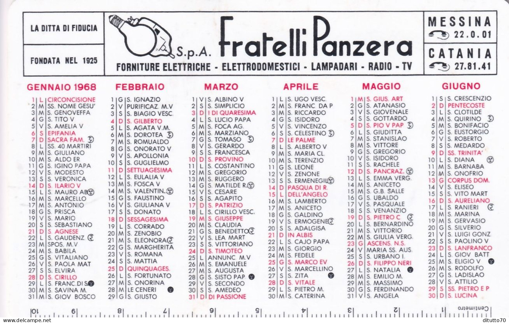 Calendarietto - Forniture Elettriche - Fratelli Panzera - Messina - Catania - Anno 1968 - Small : 1961-70