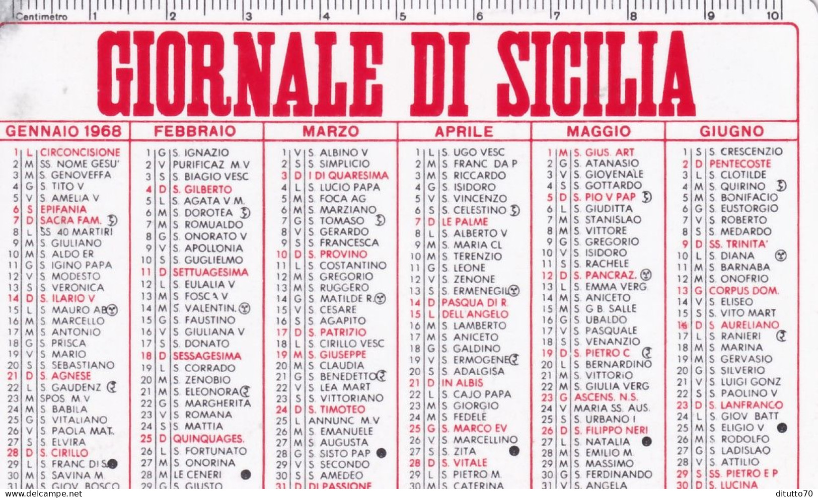 Calendarietto - Giornale Di Sicilia - Anno 1968 - Kleinformat : 1961-70