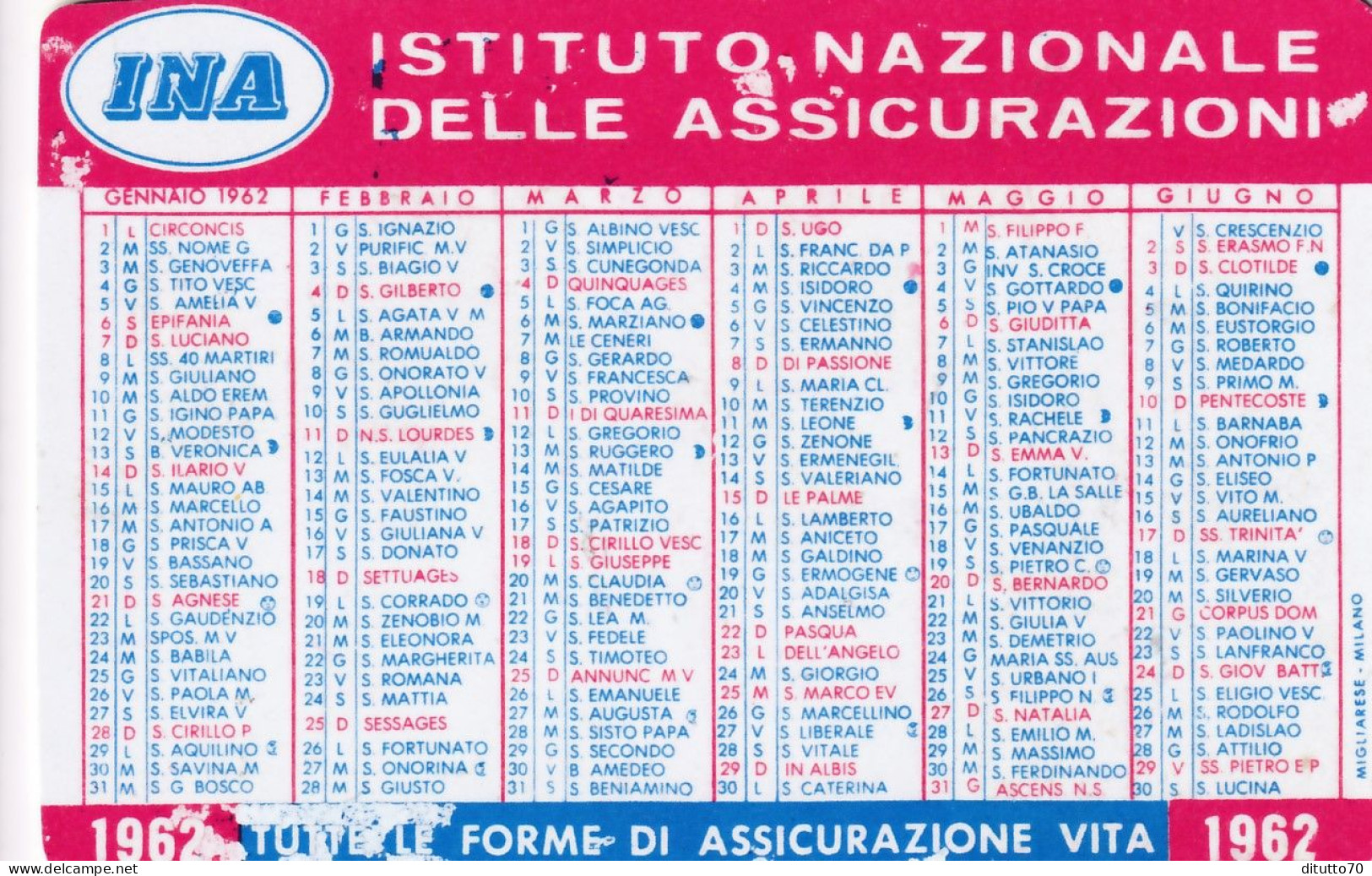 Calendarietto - I.n.a. Le Assicurazioni D'italia- Anno 1962 - Kleinformat : 1961-70