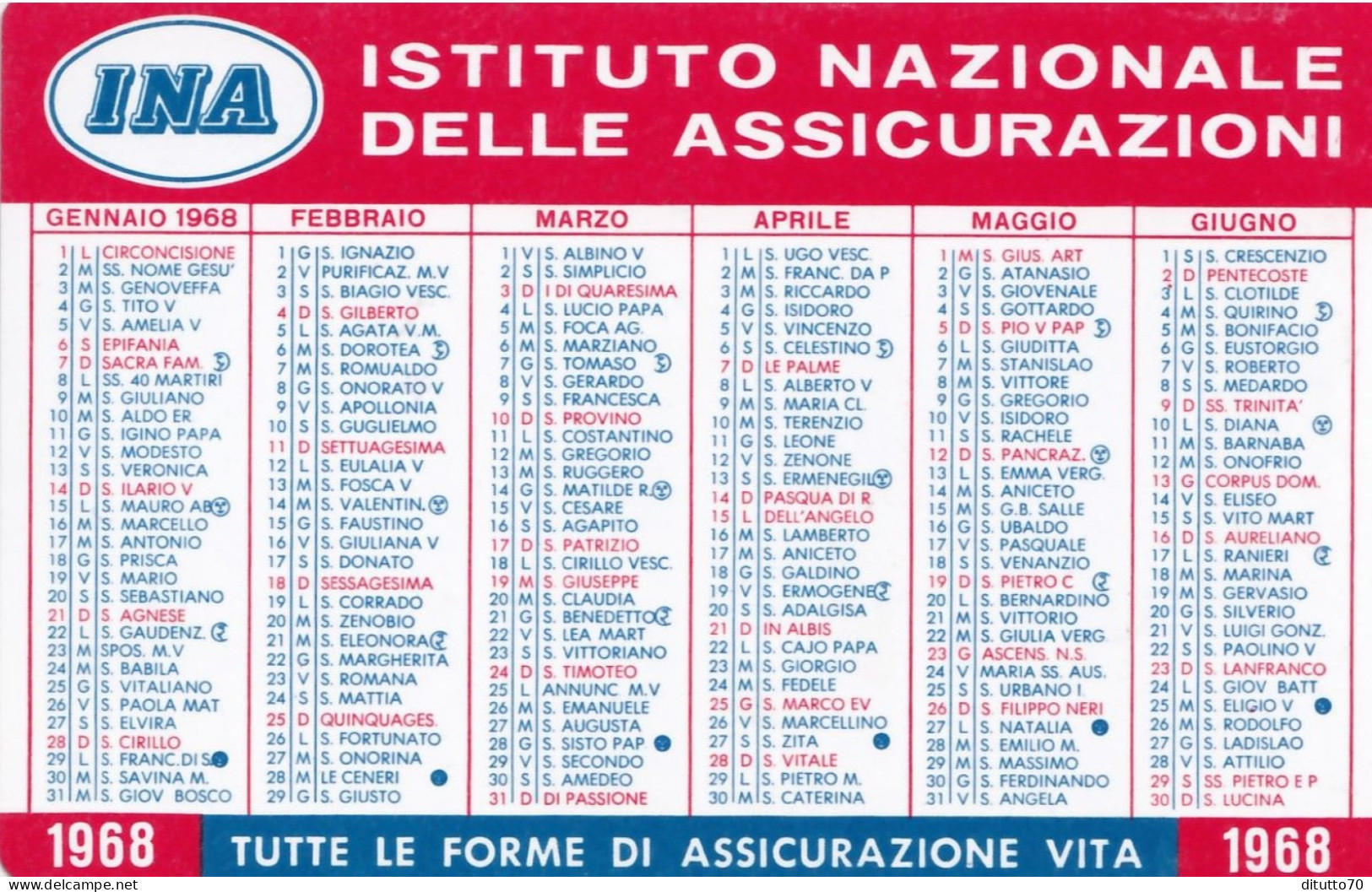 Calendarietto - I.n.a. Le Assicurazioni D'italia- Anno 1968 - Petit Format : 1961-70