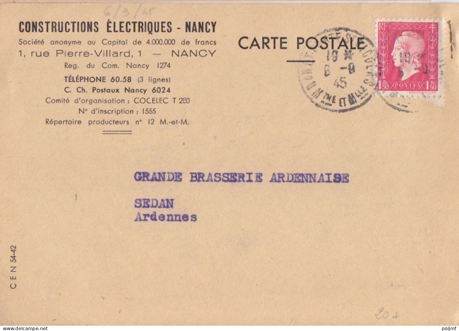 CP (Constructions Electriques) Obl. Nancy Porte St Nicolas Le 6/9/45 Sur 1f50 Dulac Rose N° 691 (Tarif Du 1/3/45) - 1944-45 Marianna Di Dulac