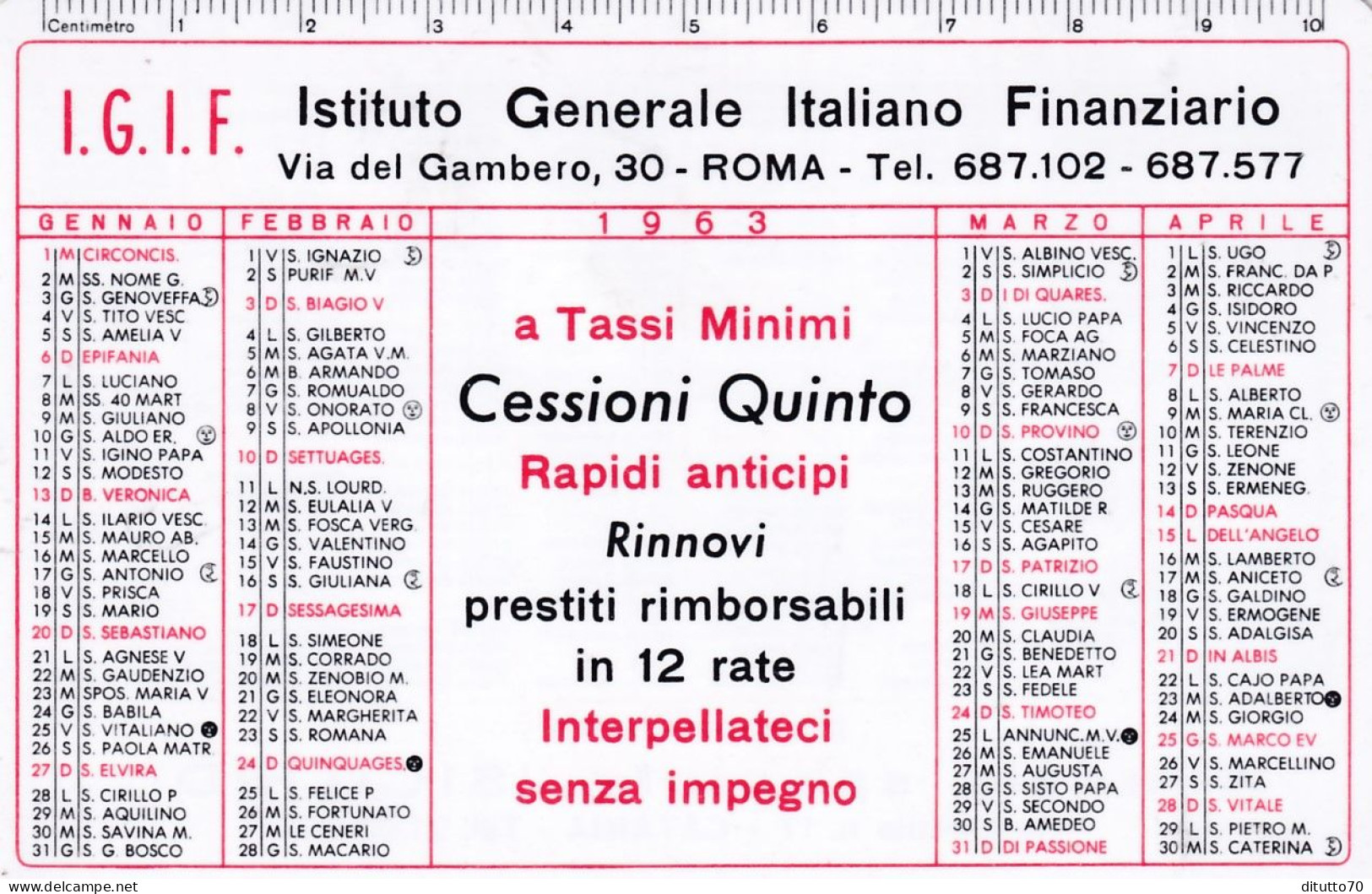 Calendarietto - Istituto Generale Italiano Finanziario - Roma - Anno 1963 - Petit Format : 1961-70