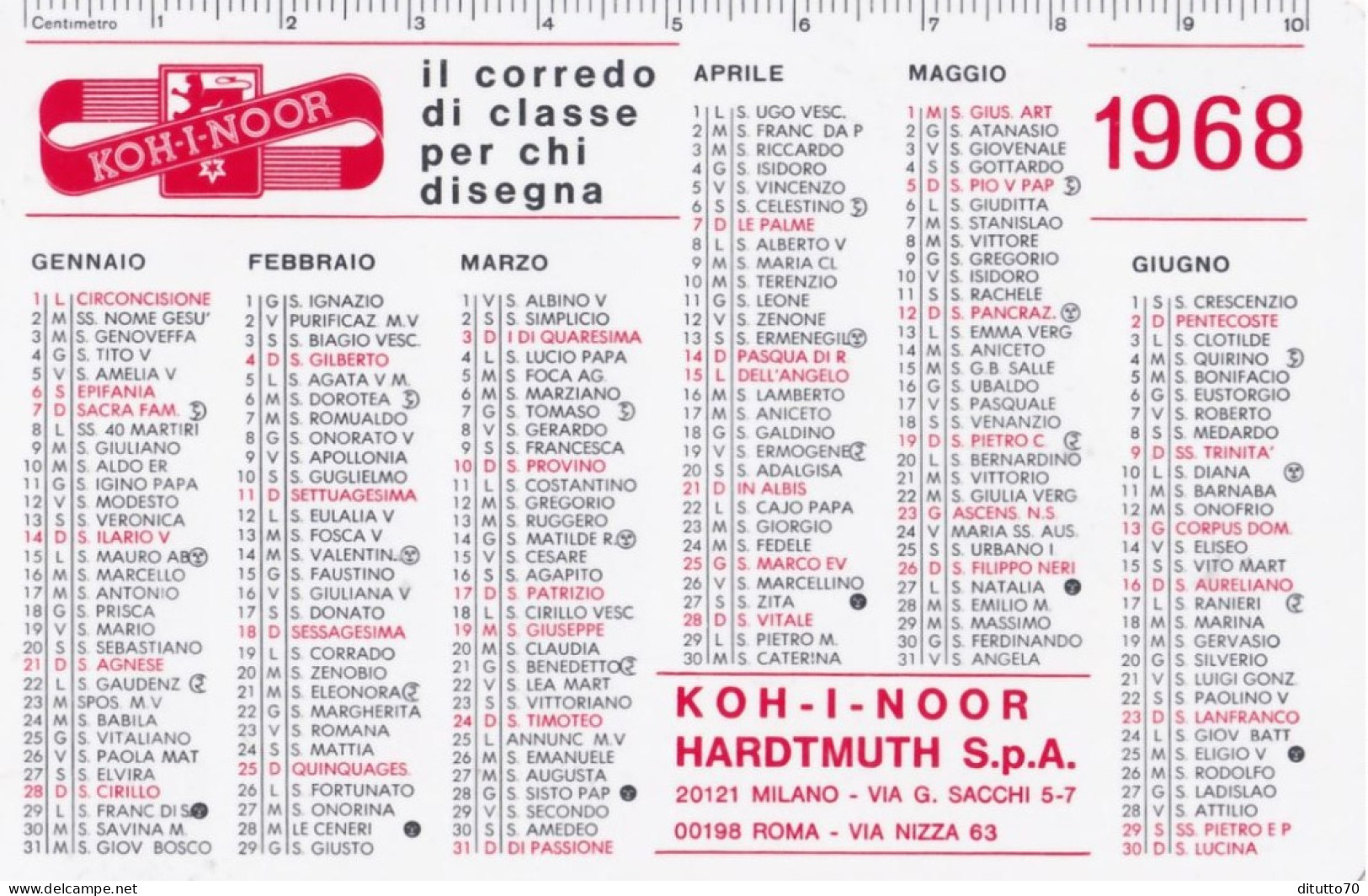 Calendarietto - Koh I Noor Hardtmuth S.p.a. - Milano - Anno 1968 - Small : 1961-70