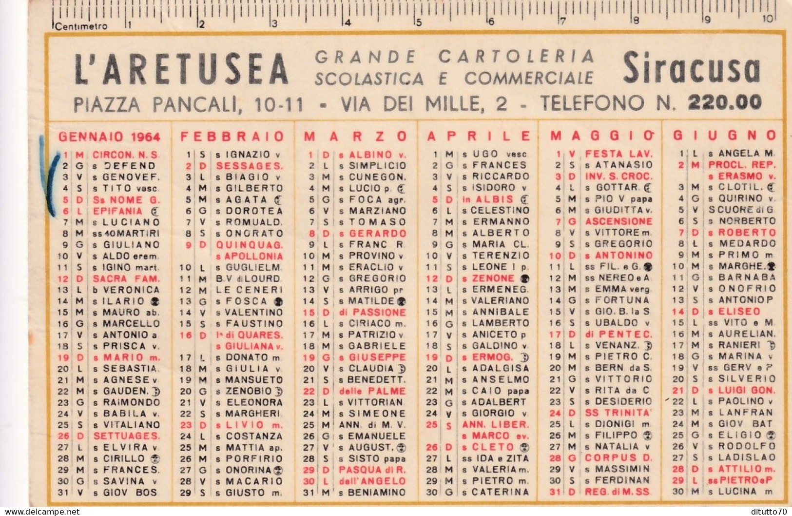 Calendarietto - L'aretusea - Grande Cartoleria - Siracusa - Anno 1964 - Formato Piccolo : 1961-70