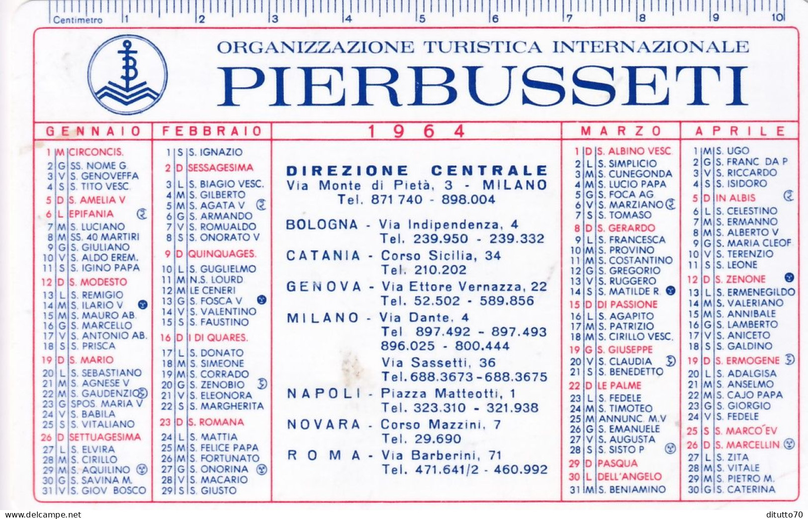 Calendarietto - Organizzazione Turistica Internazionale - Pierbusseti - Anno 1964 - Kleinformat : 1961-70
