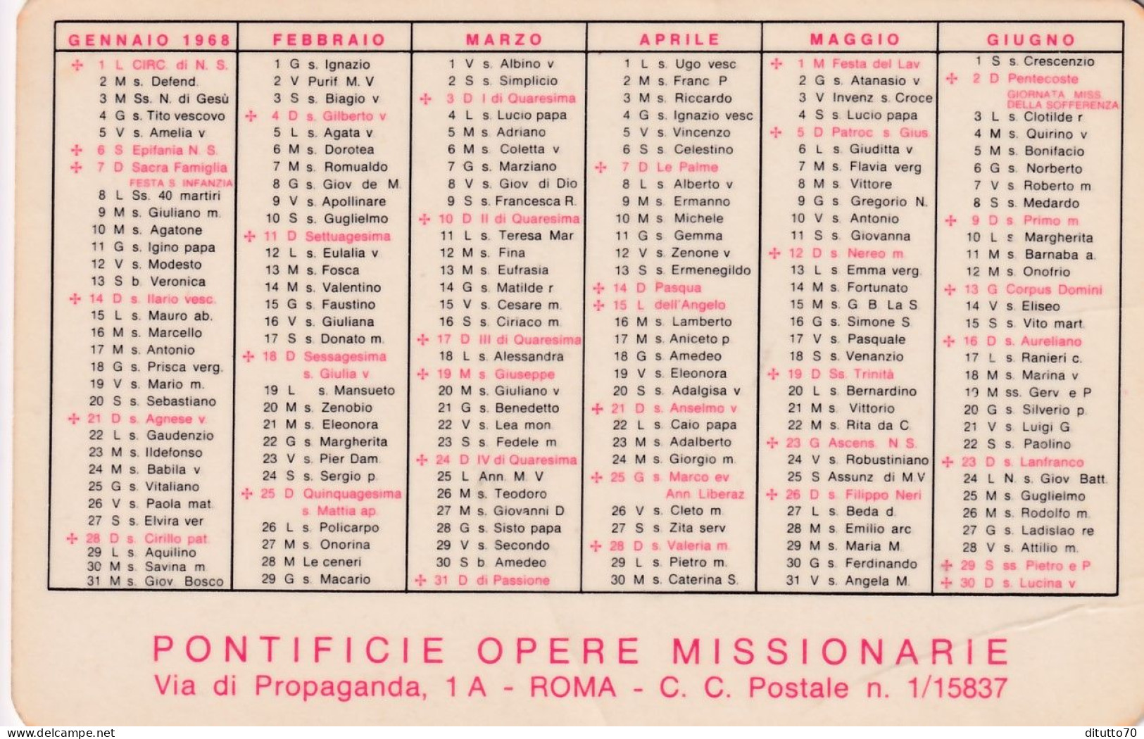 Calendarietto - Pontificie Opere Missionarie - Roma - Anno 1968 - Small : 1961-70